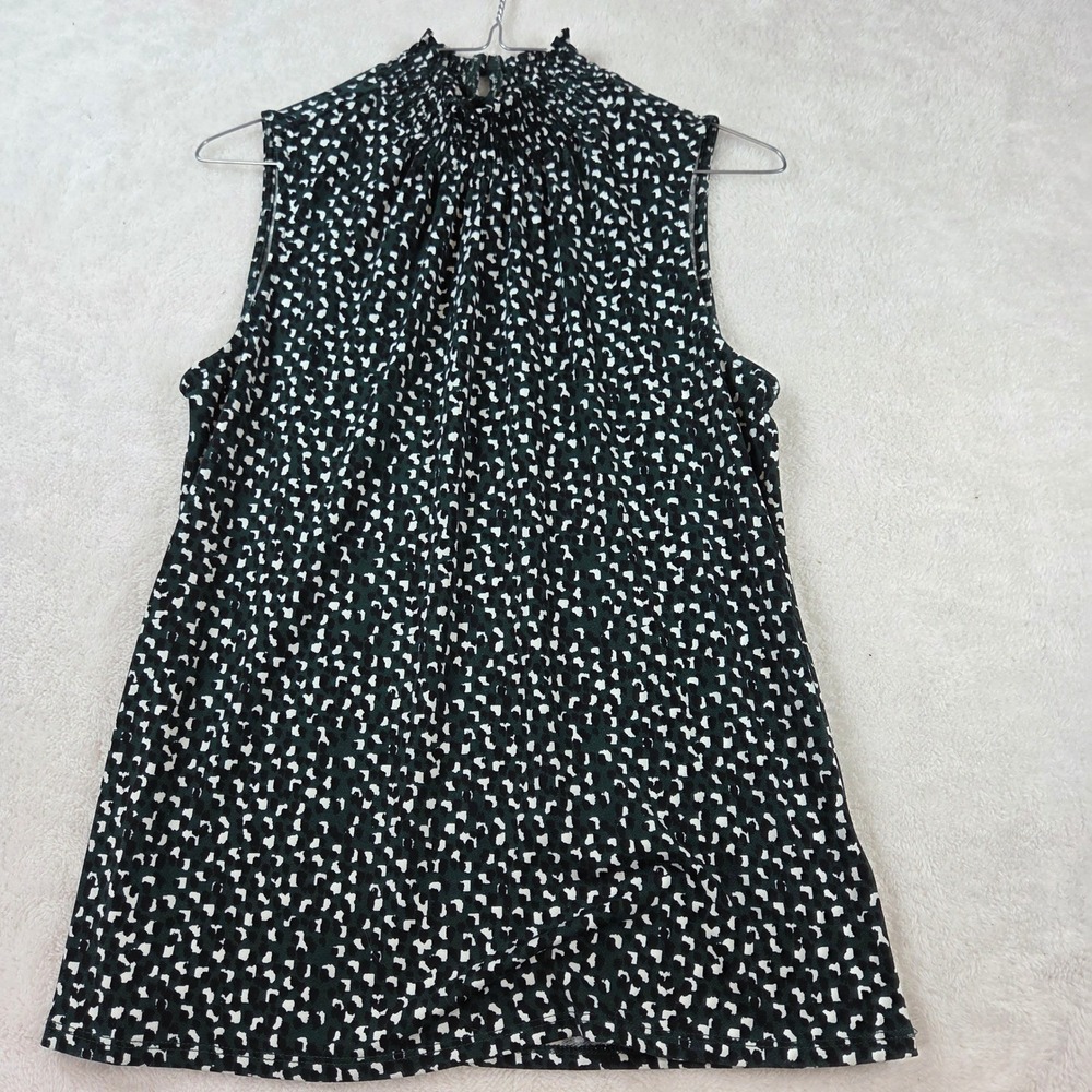 Dark Green Abstract Print Sleeveless Mock Neck Smocked Blouse Top 1468
